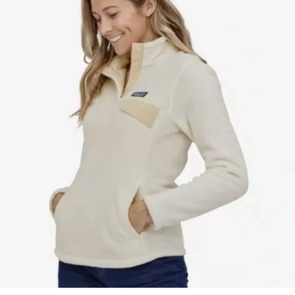 Patagonia Re Tool Ivory Cream Snap‎ Pullover Fleece Fuzzy Jacket Size MEDIUM